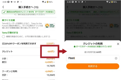 Temuクレジットの使い方を解説した画面
